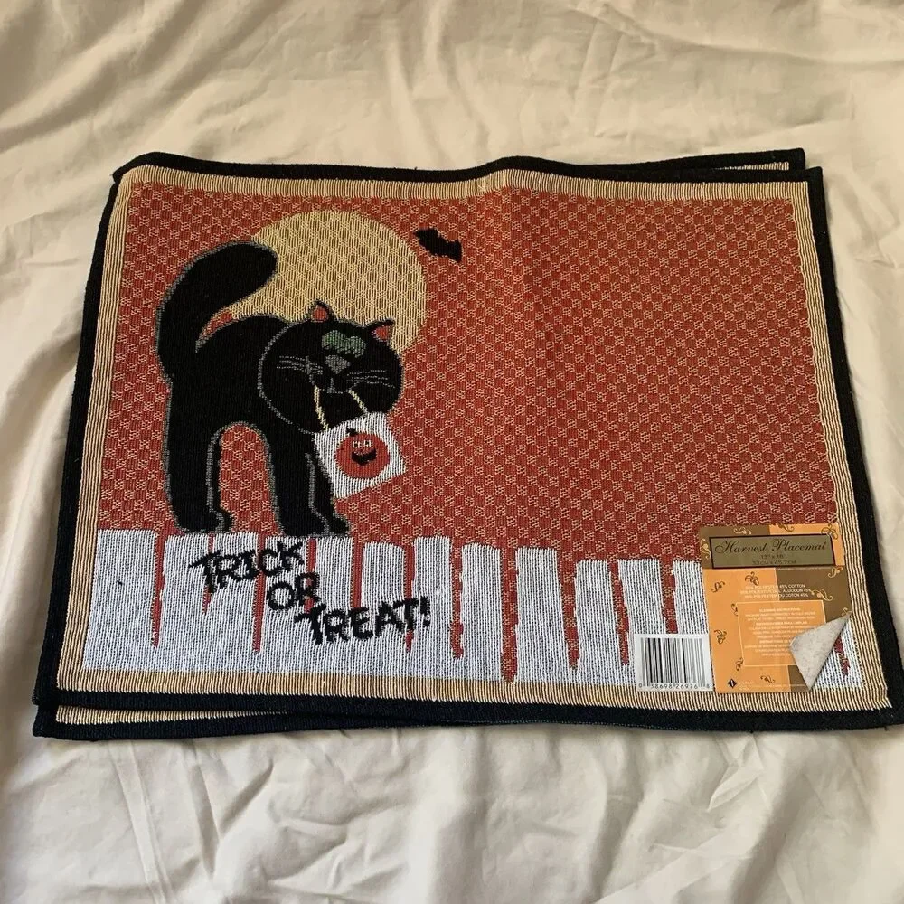 Halloween Woven Tapestry Placements with Black Cat & words: Trick or Treat (4)